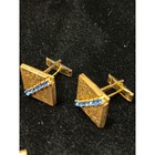 Vintage Gold Tone Textured Square Cufflinks And Tie Tack Set Blue Rhinestones
