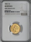 1854   3 Gold Dollar Indian Princess Ngc Au Details  obv Scratched   8385634-003
