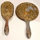 Vtg Art Nouveau Fancy Design 2 Piece Vanity Set   Gold Plate   Mirror   Brush