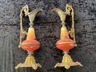 Antique Pair Of Victorian French Brass Red Body Ornate Mantle Ewer Urn Lamp