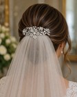 Silver   White Crystal Pearl Floral Leaf Bridal formal Hair Comb  Metal Nwot