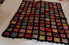 Hand Crochet Granny Square Black Afghan Vintage  42  X 57 