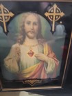 Antique 1920s Art Deco Reverse Painted Sacred Heart Of Jesus Framed Print 14x18