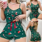 Women Christmas Snowman Doll Print Pajamas Sleeveless Lace Cami Shorts Lingerie