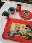 Vintage Ohio Art Girl Boy Garden Kittens 7 Pieces Tin Litho Tea Set