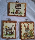 Vintage Small Wood Hanging Wall Plaque Set Of 3  Printed Animal Designs
