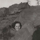Vintage Snapshot Photo Woman In Rock Frankenstein Joke Oddity Illusion