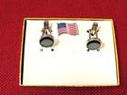 Vintage Estate Mother Of Pearl Silver Set Of Cufflinks   American Flag Pin Boxed