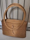 Natural Stitched Weaved Handbag Purse Boutique Large Circular Handles Gold Tan