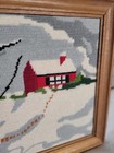Finished Vntg Framed Cross Stitched Red House Winter Scene 13 ht  17 
