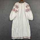 Antique Hand Embroidered Peasant Dress Ukrainian Vyshyvanka White Cotton Size M
