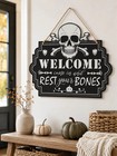 Gothic Skull Halloween Welcome Wooden Sign With Rope
