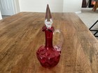 Vtg Cranberry Art Glass Decanter With Clear Handle And Stopper