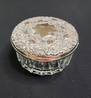Vtg Glass Dresser Vanity Trinket Jewelry Box W silver Tone Embossed Metal Lid