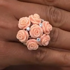 Rarities Pink Carved Coral Accented White Zircon Rose Bouquet Ring  Size 5