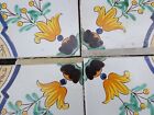 Vintage Mexican Handpainted Tile Floral White Blue Yellow Set Of 4  Trivet 8x8