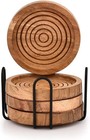 Coaster Set Round Drink Coasters With Iron   Acacia Wood Holder  Home Decor