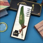 Feather Quill Pen Set With 5 Nibs   Ink     Vintage Calligraphy Writing Gift Green