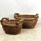 Set Of 2 Woven Wicker Basket W wooden Handles Dark Brown Rustic Countryfarm Oval