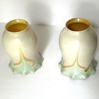 Pr  Antique Steuben Iridescent Pulled Feather Art Glass Lamp Shades Signed