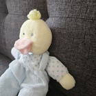Vintage Eden Toys Pastel Duck Baby Plush In Blue Overalls Polka-dot 1990s Lovey 