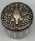 Vintage Faceted Cut Glass Dresser Jar Sterling Silver Lid Floral Repousse Vanity