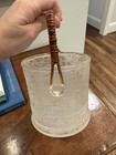 Ice Bucket  Vintage  Frosted Glass  With Wicker Handle Mid Century Modern