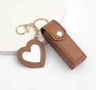 Faux Leather Heart Mirror Lipstick lip Balm Holder Key Chain Bag Charm Brown