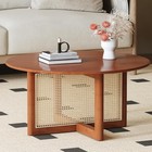 Round Wood Coffee Table-faux Rattan Side end Table modern Farmhouse   Easy Setup