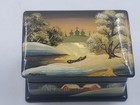 Vtg Russian Fedoskino Hand Painted On Mother Of Pearl Black Lacquer Trinket Box 