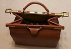 Vtg Doctor Medical Bag Antique Brown Leather Brass Hardware Latches Frame Top