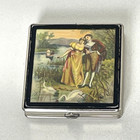 Vintage Victorian Courting Scene Compact Mirror Silver Tone Powder Case Vanity