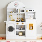 New White Kids Wooden Pretend Play Kitchen Set With Sound lights washing Machine