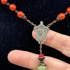 Vintage Catholic Rosary Irish Connemara Marble Red Green Beads Celtic Cross