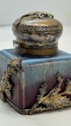 Antique 1900 French Art Nouveau  Ceramic   Gilded Metal Inkwell Signed By Artist