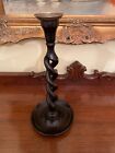 Pair Antique English Jacobean Dark Oak Open Barley Twist Candlesticks 12 