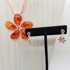Fashion Jewelry Set Orange Flower Pendant Necklace Pink Rhinestone Dangle