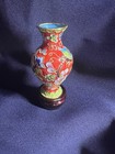 Antique Cloisonne Vase W  Stand Oriental Chinese Enamel Inlay Floral 3 1 4  Red