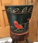 Old Primitive Hand Painted Green Wood Bucket W  Holly Sleigh   Horse Christmas
