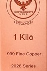 One  1  Kilo - 2026 Copper Reserve Mint  999 Fine Polished Bullion Bar Preorder