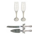 White Glitter Toasting Flutes And Cake Knife Server Set  Wedding Gift