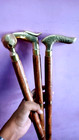 Lot Of 3 Vintage Antique Walking Cane Wooden Stick Brass Handle Knob Solid Gift