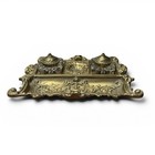 Antique Art Nouveau Brass Desk Inkwell Pen Rest Double Glass Wells