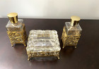 Vintage 3 Pc Vanity Set Ormolu Glass And Gold Tone Filigree 2 Bottles And Box