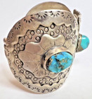 Unusual Antique Native American Turquoise Stones Stamp Work Sterling Bracelet
