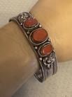 Vintage Tribal Sterling Silver Red Coral Cuff Bracelet 925 Rope Bezel 3-stone
