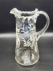 Vintage antique Hand Blown Clear Glass Pitcher W painted Floral Design