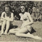 Vintage Snapshot Photo Four Women Barefoot Lawn Swimsuits 1940s Vernacular