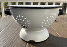 Vintage Enamelware Colander White  W Black Handles Strainer Chippy Farmhouse 10   