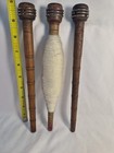 3- Antique Wooden Textile Spindle Bobbins Spools W wool 10   1  Yarn Crafts